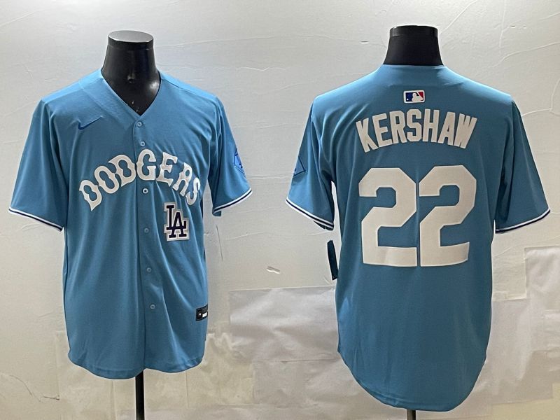 Men Los Angeles Dodgers #22 Kershaw Light Blue Joint Name 2025 Nike MLB Jersey style 12